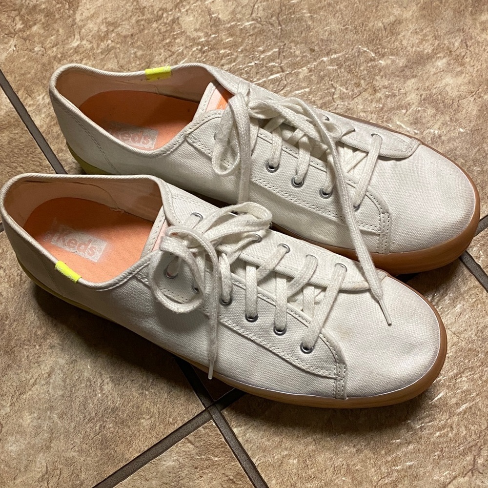 Keds Size 11 White Platform Canvas Sneakers with Neon Accents Activewear